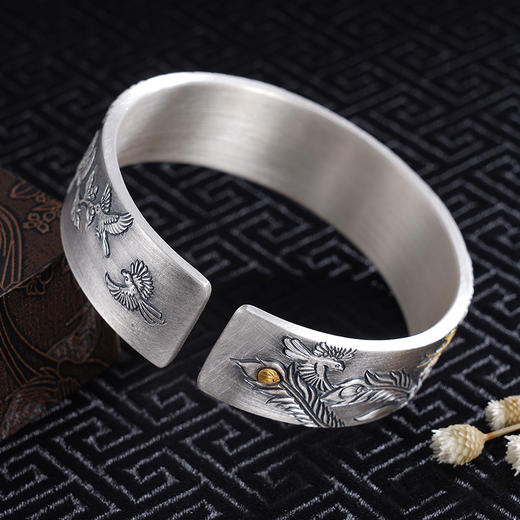 子佩集S999银【百鸟朝凤】手镯【YS019】带金色嵌真金2309 商品图5