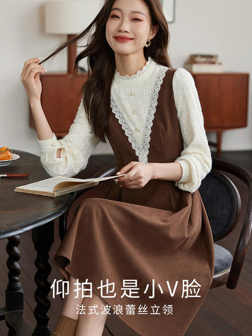 【专属特价】熙世界高级感法式蕾丝长袖拼接抓绒加厚假两件连衣裙女2025秋冬季 商品图1