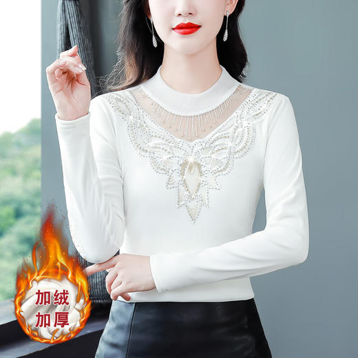 KQL-750G816洋气修身显瘦小衫2023秋冬款半高领烫钻T恤气质百搭网纱打底衫 商品图6