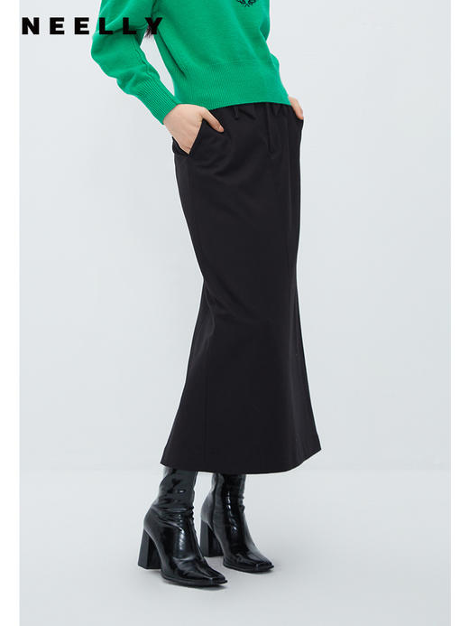 NEELLY纳俪商场同款黑色设计感半身裙女腰部细节通勤 A字裙中长裙N23102E01068 商品图0