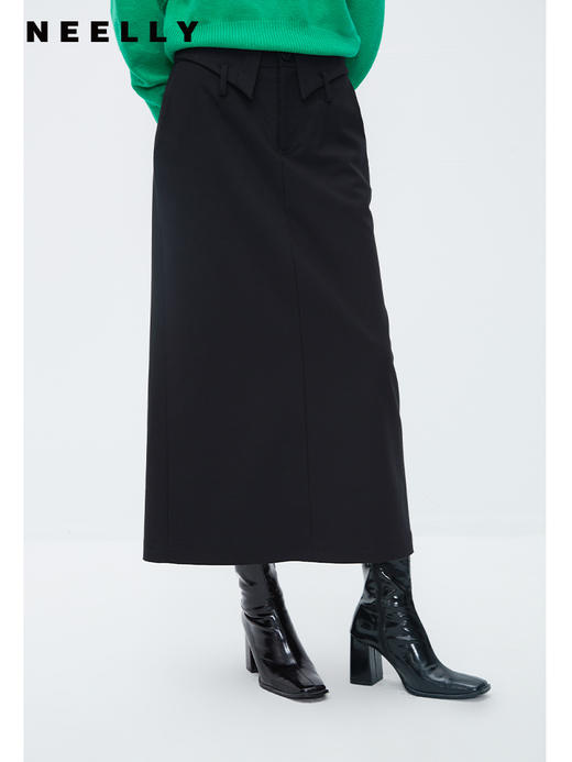 NEELLY纳俪商场同款黑色设计感半身裙女腰部细节通勤 A字裙中长裙N23102E01068 商品图2
