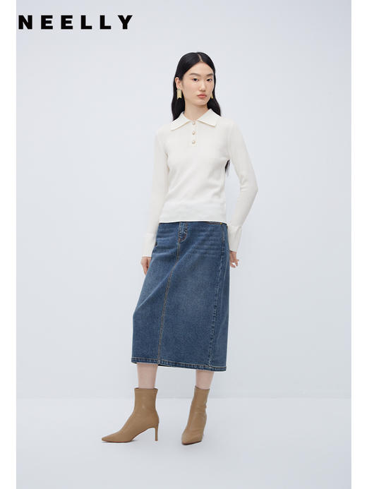 NEELLY纳俪商场同款POLO领毛衣女新款时尚喇叭袖套头针织百搭上衣N23102A01034 商品图1