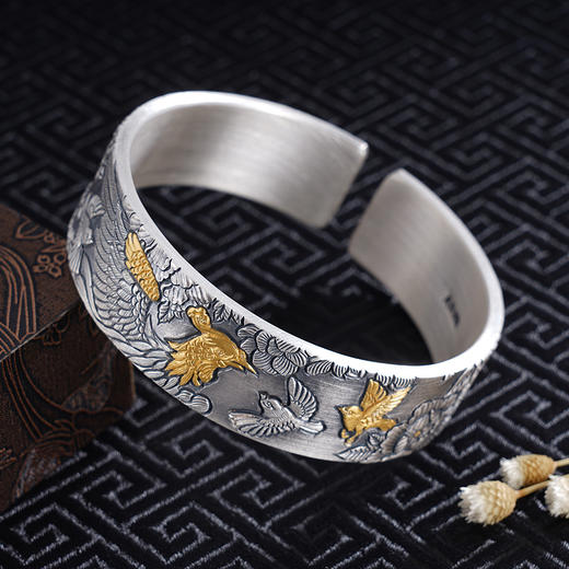 子佩集S999银【百鸟朝凤】手镯【YS019】带金色嵌真金2309 商品图1