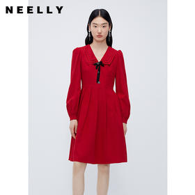 NEELLY纳俪商场同款收腰蝴蝶结娃娃领连衣裙女新款复古减龄A字裙N23102Y01067