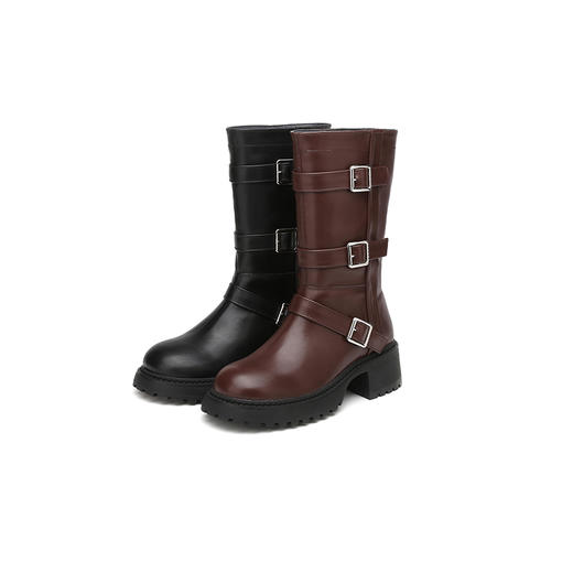 西遇中筒骑士靴女新款秋冬复古搭扣西部牛仔靴增高厚底马丁靴D2134220 商品图4