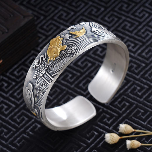 子佩集S999银【鱼跃龙门】手镯【YS024】带金色嵌真金2309 商品图3