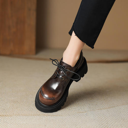 西村名物2023秋季新款圆头系带厚底增高乐福鞋D23CM36521 商品图2