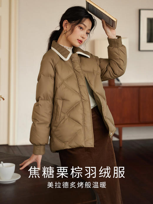 【专属特价】熙世界轻薄白鸭绒羽绒服女2025冬季新款时尚保暖菱形格翻领短外套 商品图3