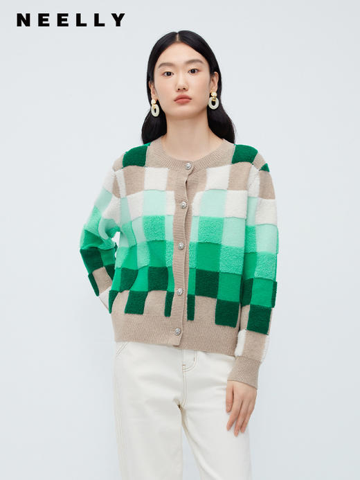圆领绿色格子毛衣女NEELLY纳俪商场同款时尚设计感绵羊毛针织开衫N23102A01042 商品图0