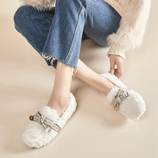 毛毛鞋女秋冬外穿豆豆鞋2023新款一脚蹬厚底棉鞋绒暖麦穗系带棉鞋 商品图1