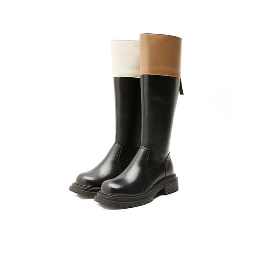 西遇拼色长筒靴女新款秋冬法式高筒骑士靴小个子圆头厚底长靴22034213 商品图4