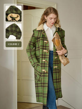 SimpleRetro法式复古连帽格纹羊毛大衣2023秋冬新款牛角扣大衣女