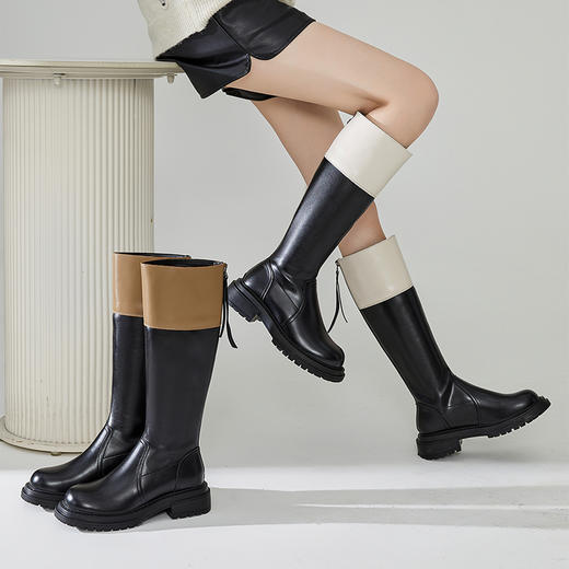 西遇拼色长筒靴女新款秋冬法式高筒骑士靴小个子圆头厚底长靴22034213 商品图0