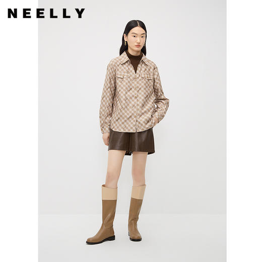 NEELLY纳俪商场同款假两件衬衫女冬季新款驼色棋盘格时尚百搭上衣N23102B01047 商品图1