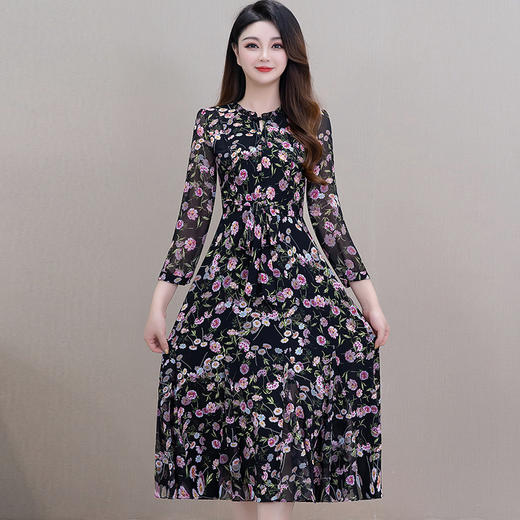 QYM SD58182-Y连衣裙气质优雅系带收腰中长裙 商品图1