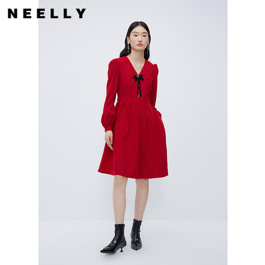 NEELLY纳俪商场同款收腰蝴蝶结娃娃领连衣裙女新款复古减龄A字裙N23102Y01067 商品图1