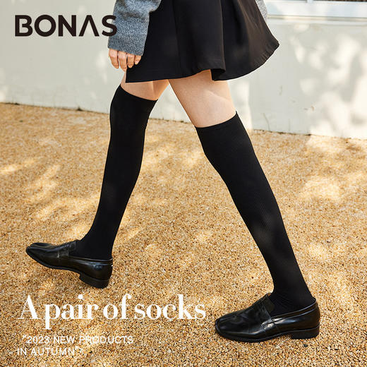 【防滑不掉，微压显瘦！】宝娜斯堆堆袜子女长筒袜2023秋冬款竖条纹半筒袜jk小腿袜过膝袜女lm 商品图1