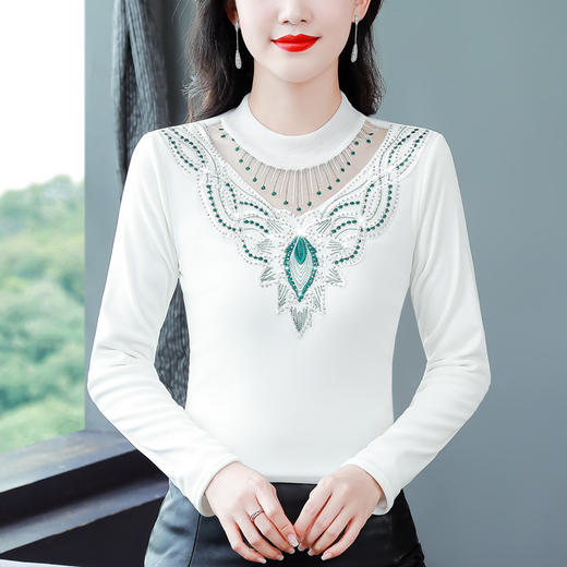 KQL-750G816洋气修身显瘦小衫2023秋冬款半高领烫钻T恤气质百搭网纱打底衫 商品图1