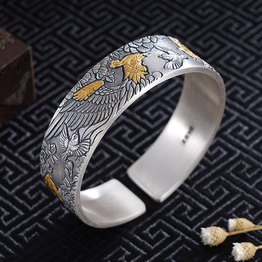 子佩集S999银【百鸟朝凤】手镯【YS019】带金色嵌真金2309 商品图6