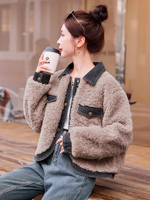 HR-WH28519颗粒绒外套女2023秋冬装新款气质时尚拼接撞色单排扣羊羔毛上衣 商品图2