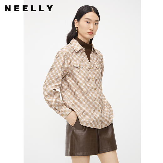 NEELLY纳俪商场同款假两件衬衫女冬季新款驼色棋盘格时尚百搭上衣N23102B01047 商品图0