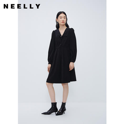 NEELLY纳俪商场同款收腰蝴蝶结娃娃领连衣裙女新款复古减龄A字裙N23102Y01067 商品图2