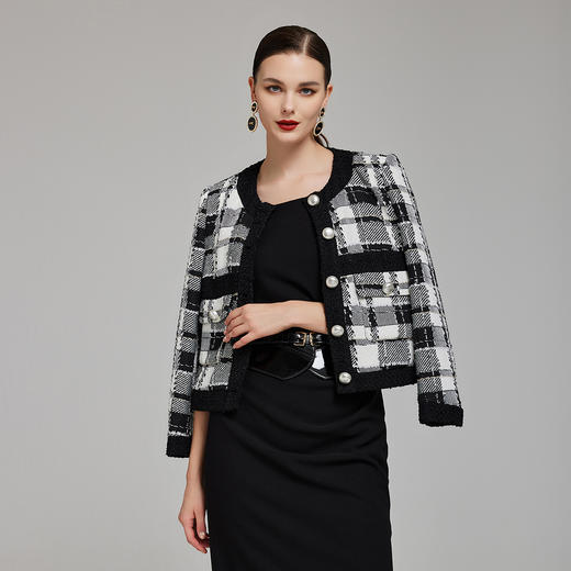 NG113斯尔丽2023秋季新款气质名媛范外套女秋撞色小香风格子外套 商品图0