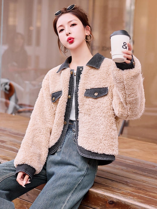 HR-WH28519颗粒绒外套女2023秋冬装新款气质时尚拼接撞色单排扣羊羔毛上衣 商品图3