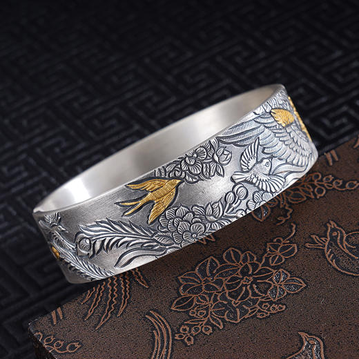 子佩集S999银【百鸟朝凤】手镯【YS019】带金色嵌真金2309 商品图2