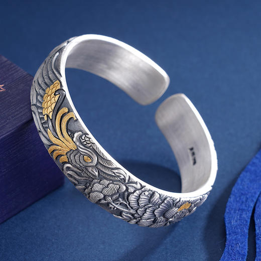 子佩集S999银【凤穿牡丹】手镯【YS009】带金色嵌真金2309 商品图2