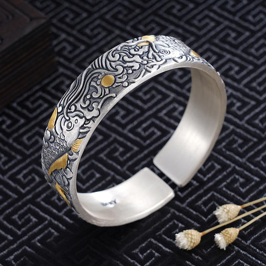 子佩集S999银【双鱼戏珠】手镯【YS013】带金色嵌真金2309 商品图4