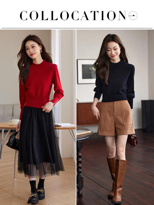 【年货节】熙世界100纯羊毛衫女2025秋冬新款修身内搭半高领红色针织打底衫 商品图4