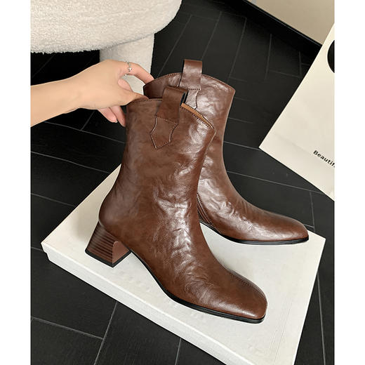 复古尖头西部牛仔靴，粗跟短靴百搭瘦瘦靴QQJ-JZ-890 商品图1