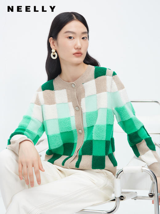 圆领绿色格子毛衣女NEELLY纳俪商场同款时尚设计感绵羊毛针织开衫N23102A01042 商品图2