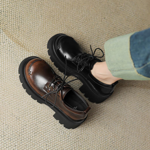 西村名物2023秋季新款圆头系带厚底增高乐福鞋D23CM36521 商品图1