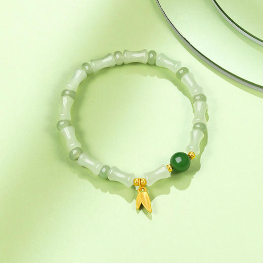 周六福黄金和田玉手链女款和田玉石金竹玉叶手串送女友礼物 商品图4