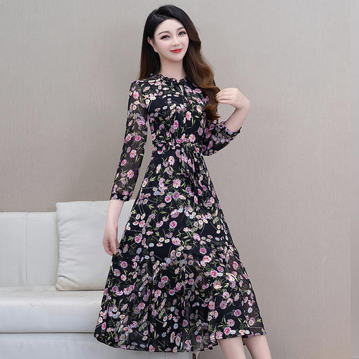 QYM SD58182-Y连衣裙气质优雅系带收腰中长裙 商品图0