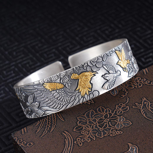 子佩集S999银【百鸟朝凤】手镯【YS019】带金色嵌真金2309 商品图3