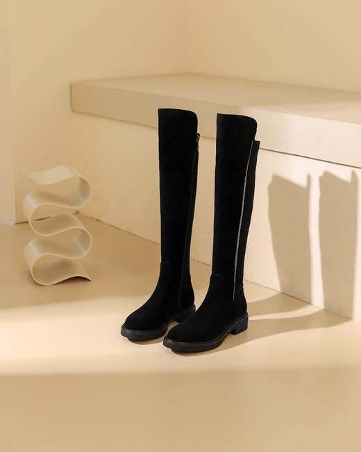 西村名物2023秋季新品圆头粗跟小腿靴法式长靴女X23DI4539101B 商品图7