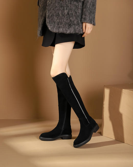 西村名物2023秋季新品圆头粗跟小腿靴法式长靴女X23DI4539101B 商品图5