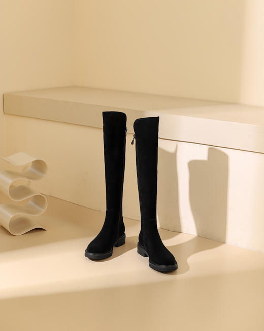 西村名物2023秋季新品圆头粗跟小腿靴法式长靴女X23DI4539101B 商品图4