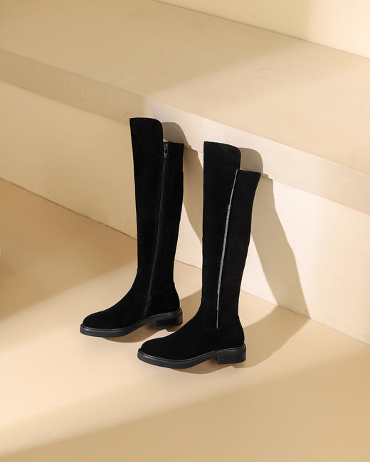 西村名物2023秋季新品圆头粗跟小腿靴法式长靴女X23DI4539101B 商品图3