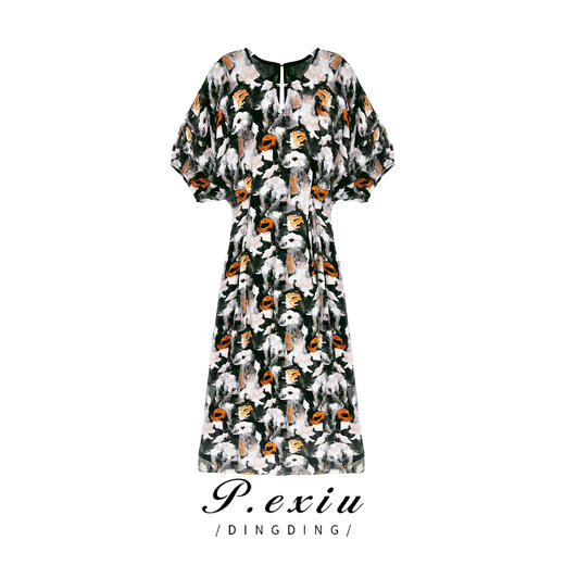 11-1潘依绣丁丁宠粉  夏季精致法式设计感复古气质V领印花连衣裙 X4004 商品图0