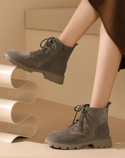 西村名物2023秋季新品法式复古圆头粗跟裸靴系带短靴马丁靴X23DS43881 商品图13