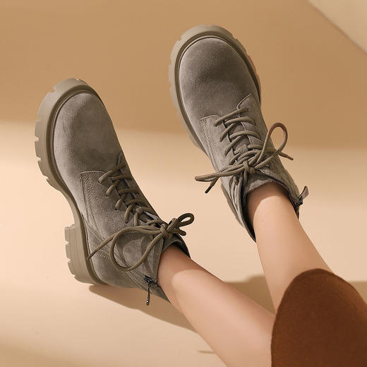 西村名物2023秋季新品法式复古圆头粗跟裸靴系带短靴马丁靴X23DS43881 商品图8