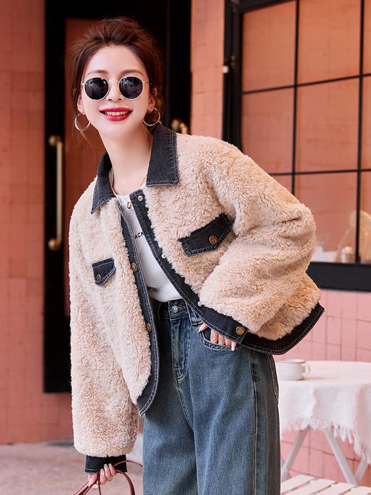 颗粒绒外套气质时尚，拼接撞色单排扣羊羔毛上衣HR-HSYL2851 商品图4