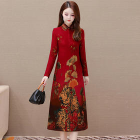 宽松休闲长袖，A字裙印花连衣裙QYM-TYH-231377-Y