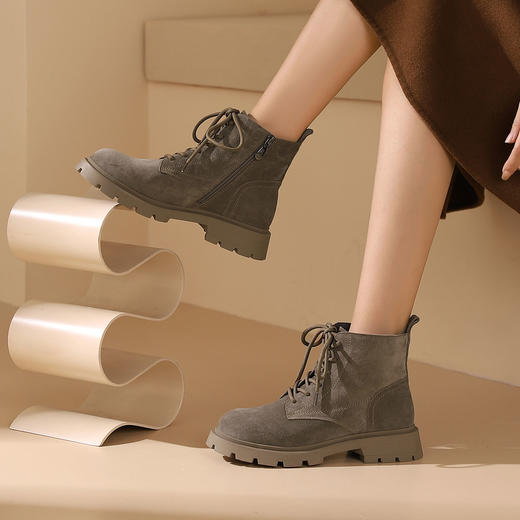 西村名物2023秋季新品法式复古圆头粗跟裸靴系带短靴马丁靴X23DS43881 商品图9