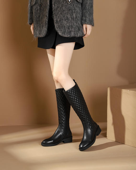 西村名物2023秋季新品尖头粗跟小腿靴法式长靴不过膝女X23DQ45341 商品图2