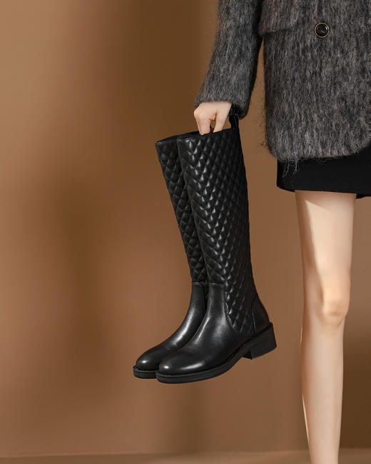 西村名物2023秋季新品尖头粗跟小腿靴法式长靴不过膝女X23DQ45341 商品图6